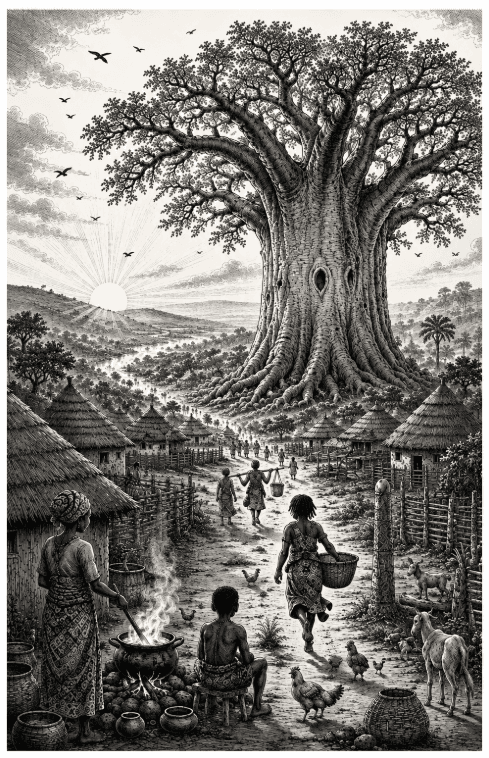 Illustrated Chapter One scene from The Whispering Baobab, with warm village light and the Listening Tree.