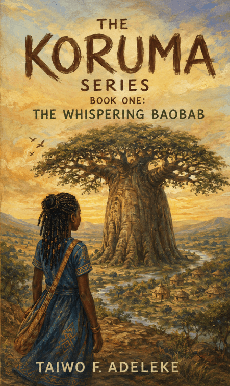 Front cover artwork for The Whispering Baobab, showing a child facing a giant baobab tree in a warm valley.