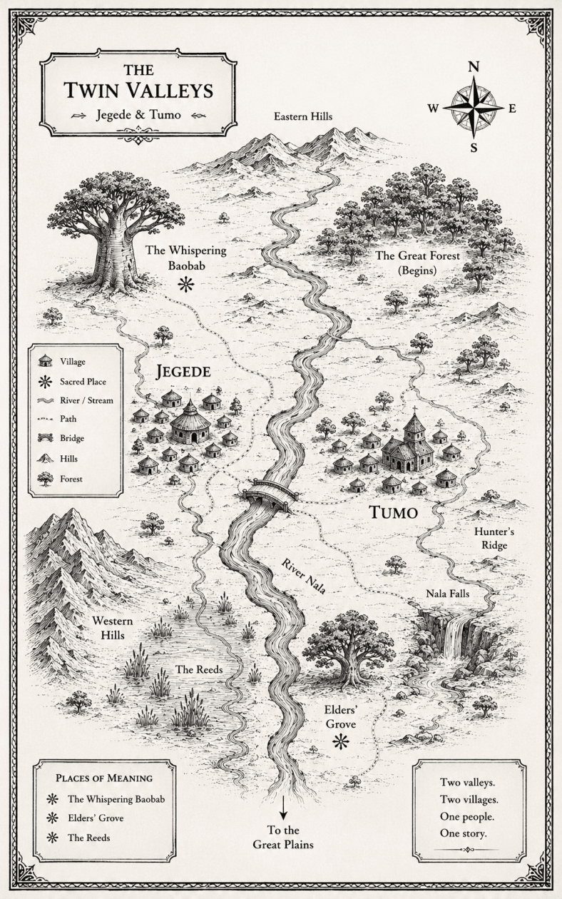 Map artwork of the Twin Valleys, showing Jegede, Tumo and the Listening Tree as the starting places in Koruma.